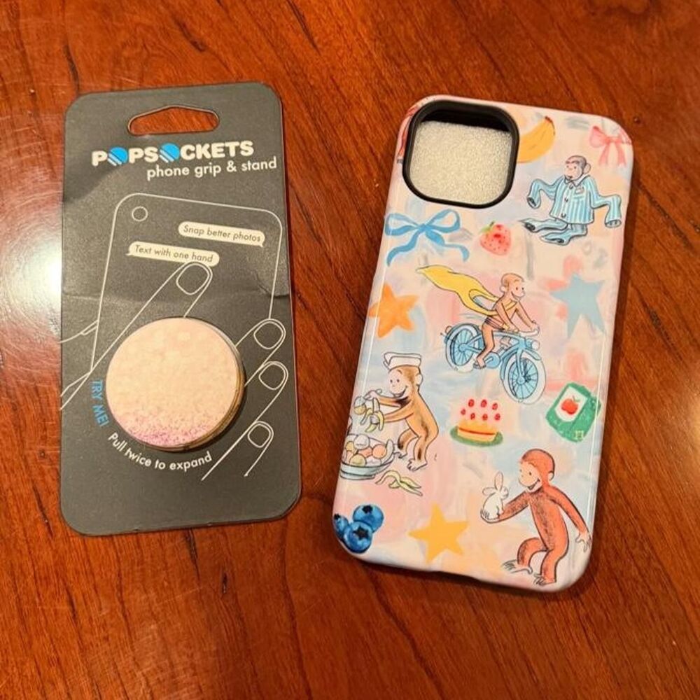 NWOT iPhone 14 Curios George Whimsical Summer Beach Phone Case & Glitter Pop-soc